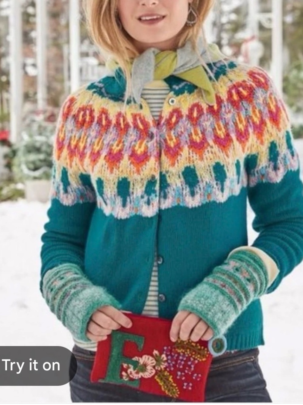 Sundance Kaleidoscope Bloom Teal Fair Isle Button-Front Women's Sweater medium